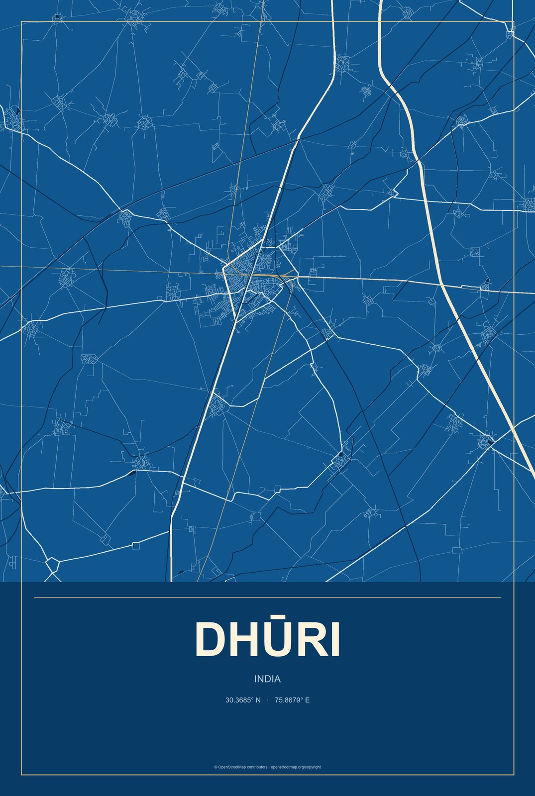 Dhūri, India City Map Aluminum Sign in Harbor Cobalt style