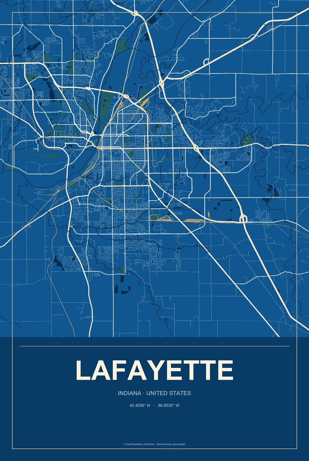 Lafayette, Indiana City Map Aluminum Sign in Harbor Cobalt style