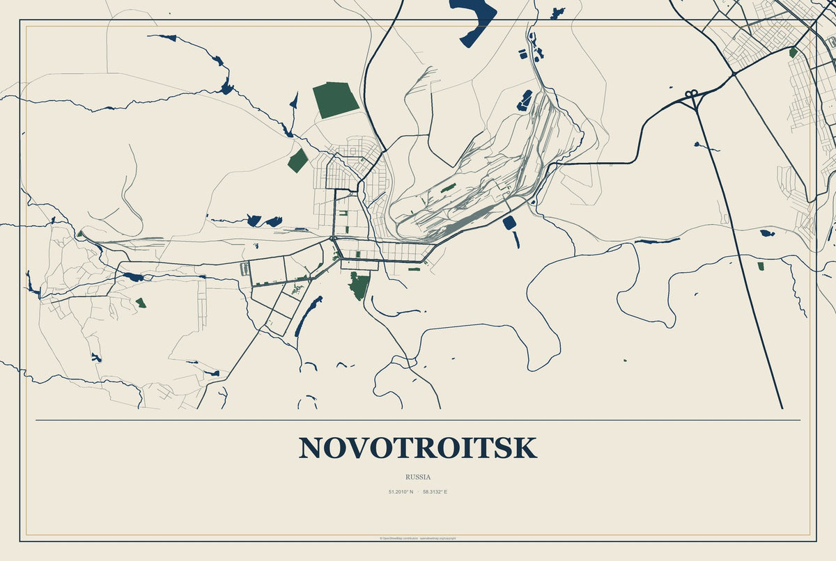 Novotroitsk, Russia City Map Aluminum Sign in Coastal Cutout style