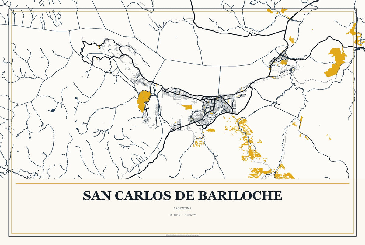 San Carlos de Bariloche, Argentina City Map Aluminum Sign in Citrine Modern style