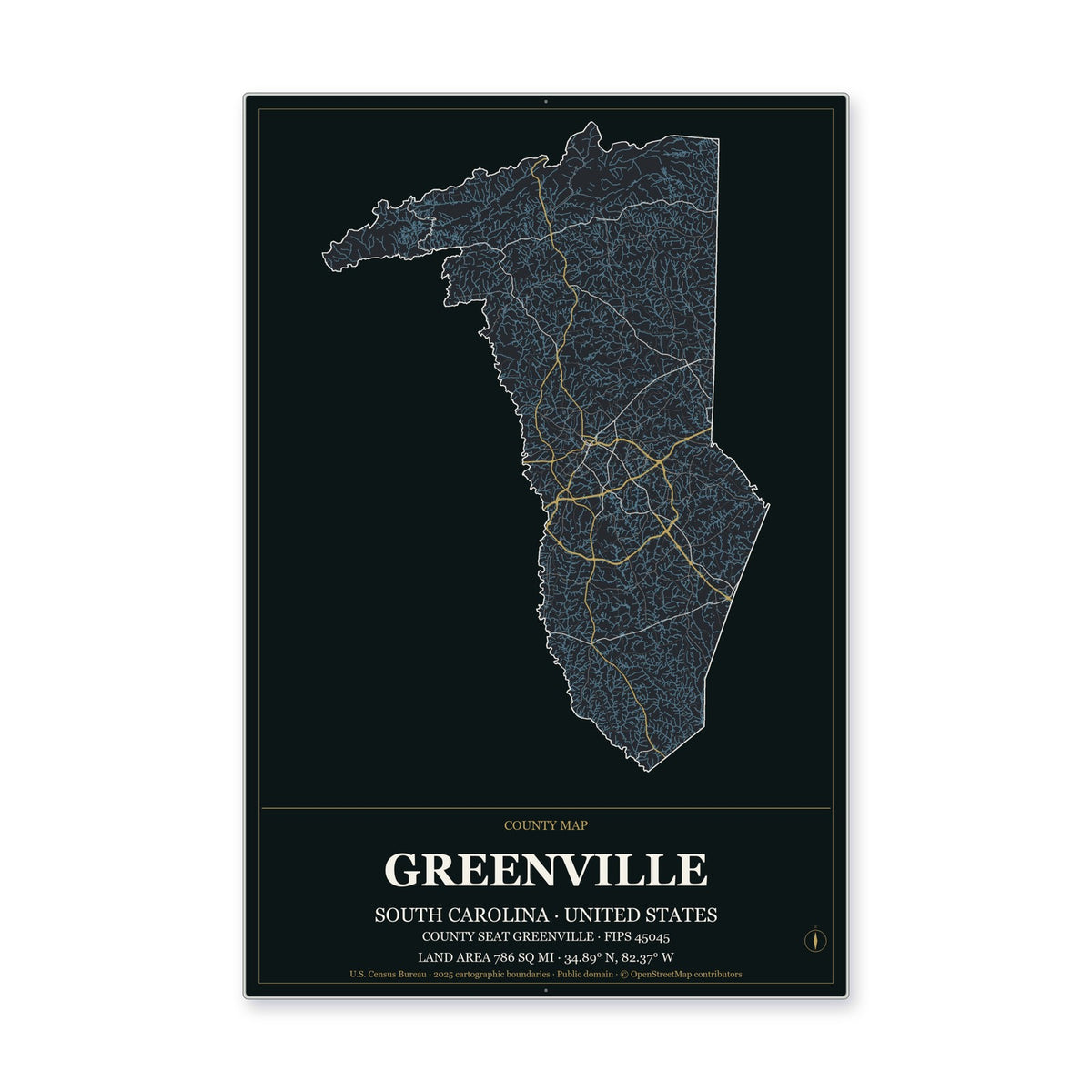 Greenville County, South Carolina Map Aluminum Sign in Metropolitan Noir style