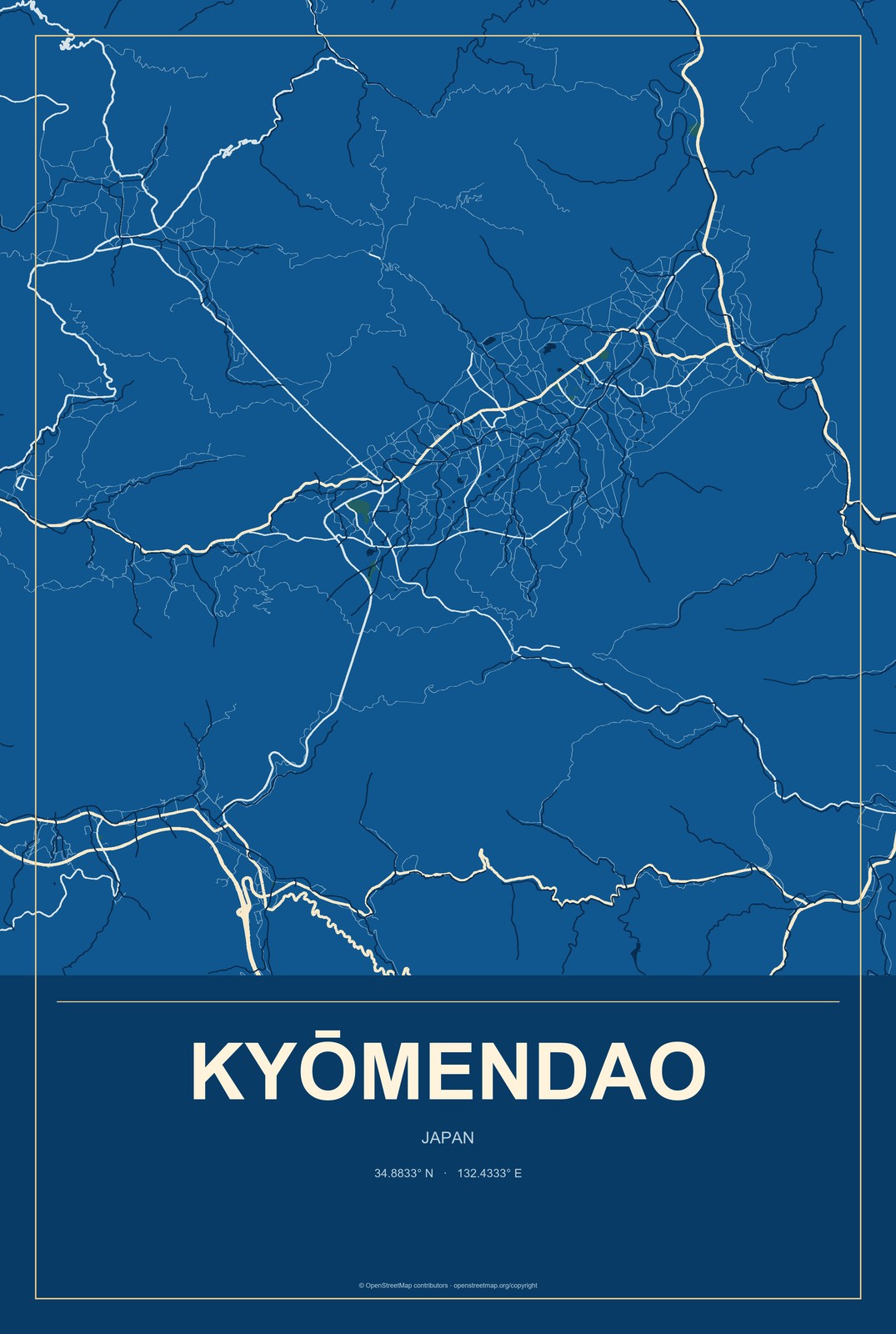 Kyōmendao, Japan City Map Aluminum Sign in Harbor Cobalt style