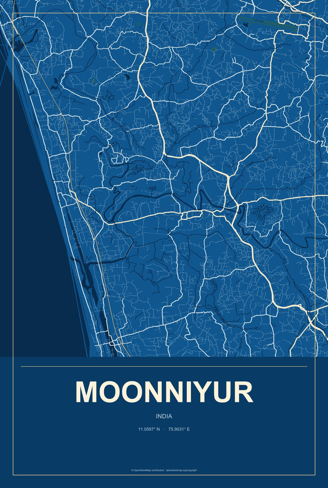 Moonniyur, India City Map Aluminum Sign in Harbor Cobalt style