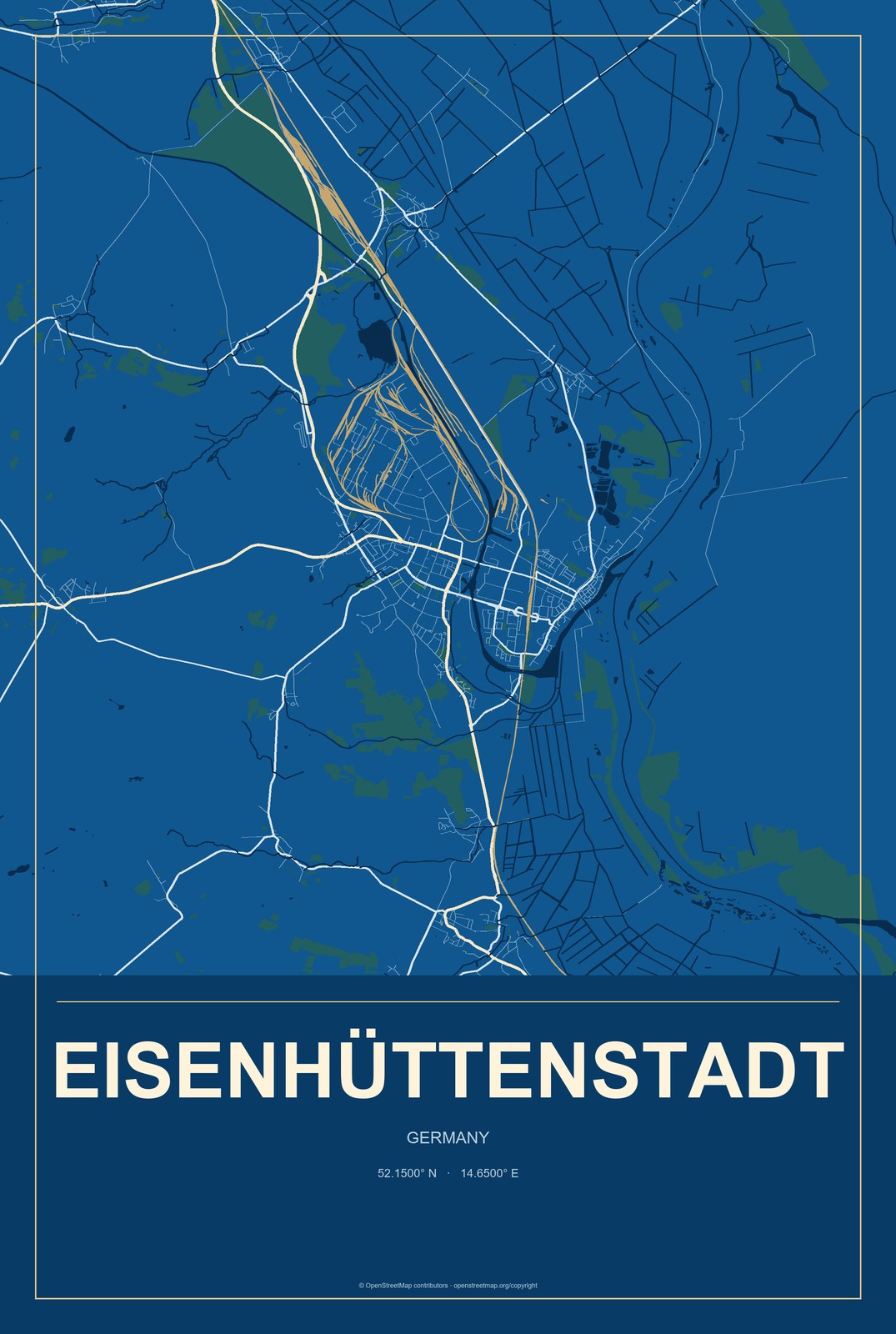 Eisenhüttenstadt, Germany City Map Aluminum Sign in Harbor Cobalt style