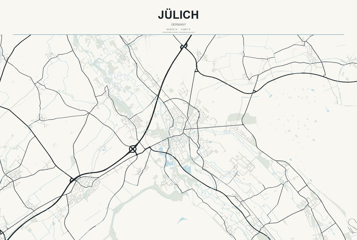 Jülich, Germany City Map Aluminum Sign in Headline Atlas style