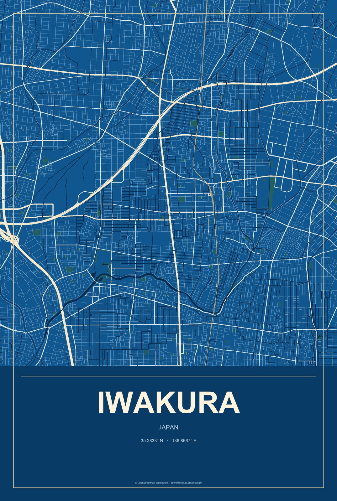 Iwakura, Japan City Map Aluminum Sign in Harbor Cobalt style