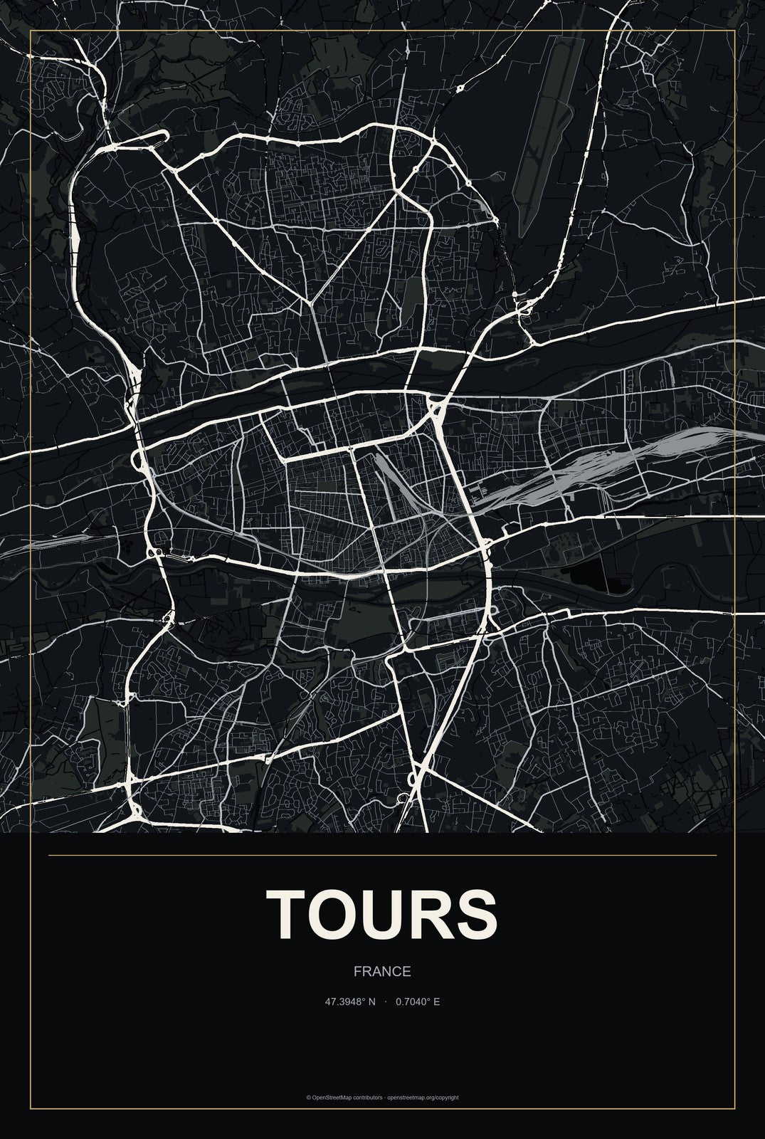 Tours, France City Map Aluminum Sign in Metropolitan Noir style