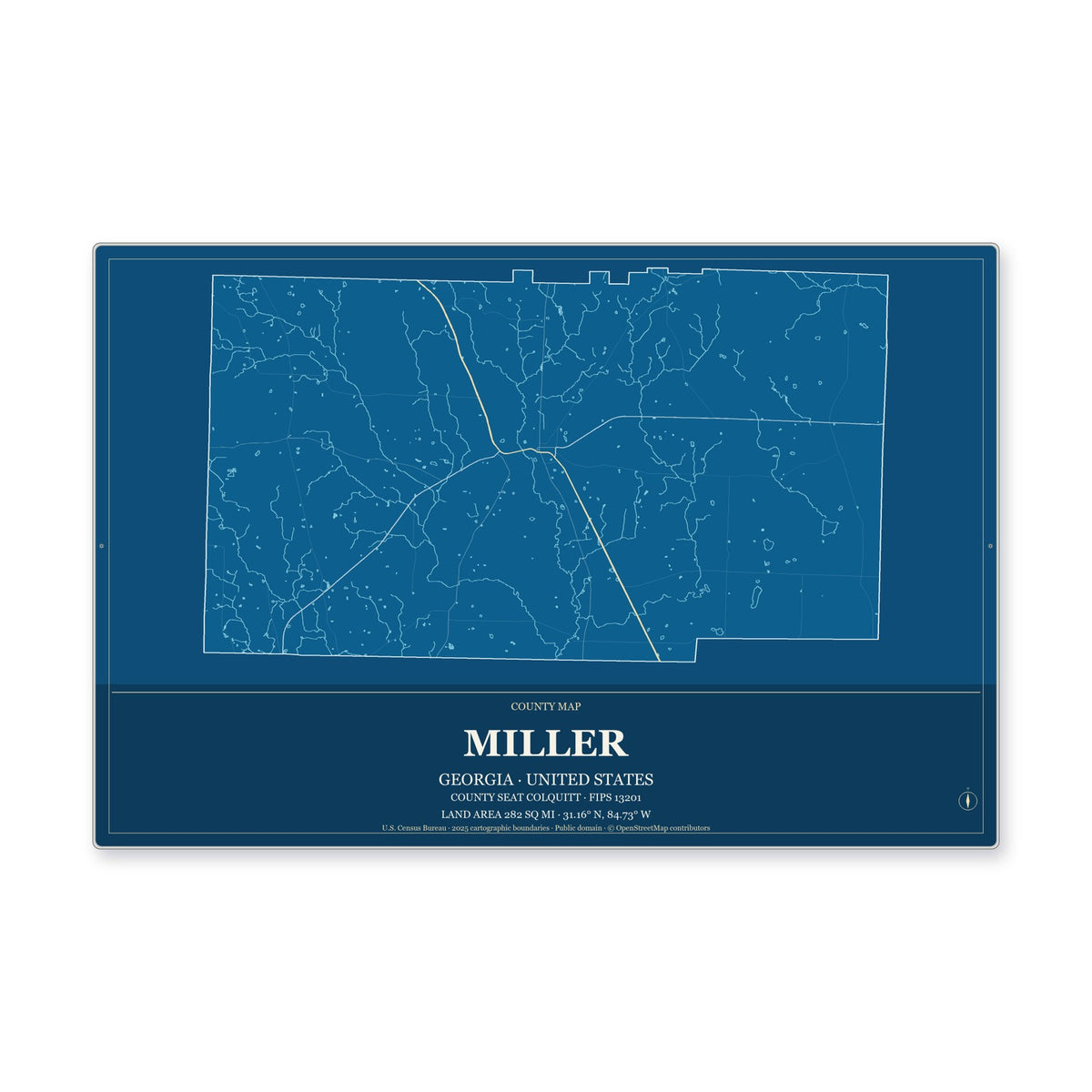Miller County, Georgia Map Aluminum Sign in Harbor Cobalt style