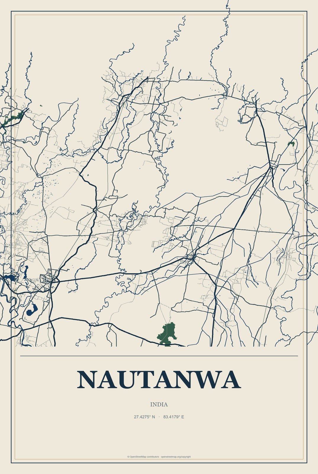 Nautanwa, India City Map Aluminum Sign in Coastal Cutout style