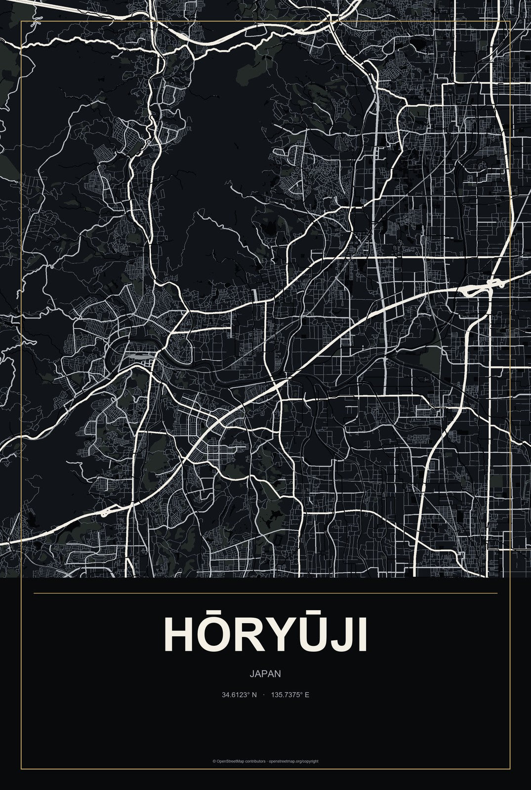 Hōryūji, Japan City Map Aluminum Sign in Metropolitan Noir style