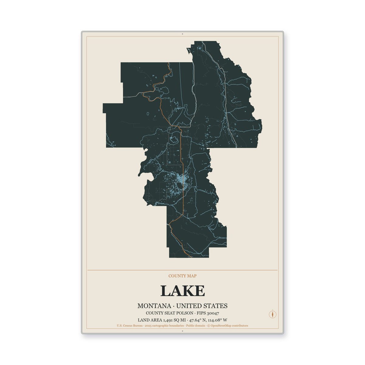Lake County, Montana Map Aluminum Sign in Headline Atlas style