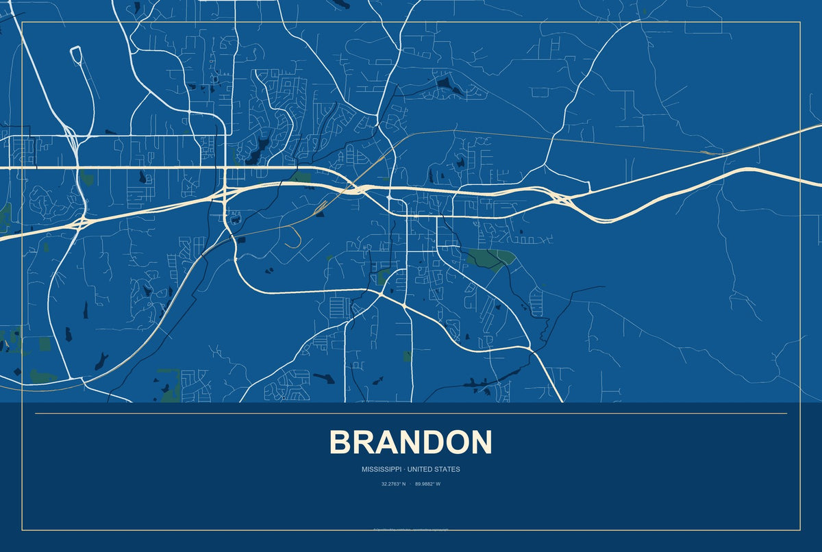 Brandon, Mississippi City Map Aluminum Sign in Harbor Cobalt style