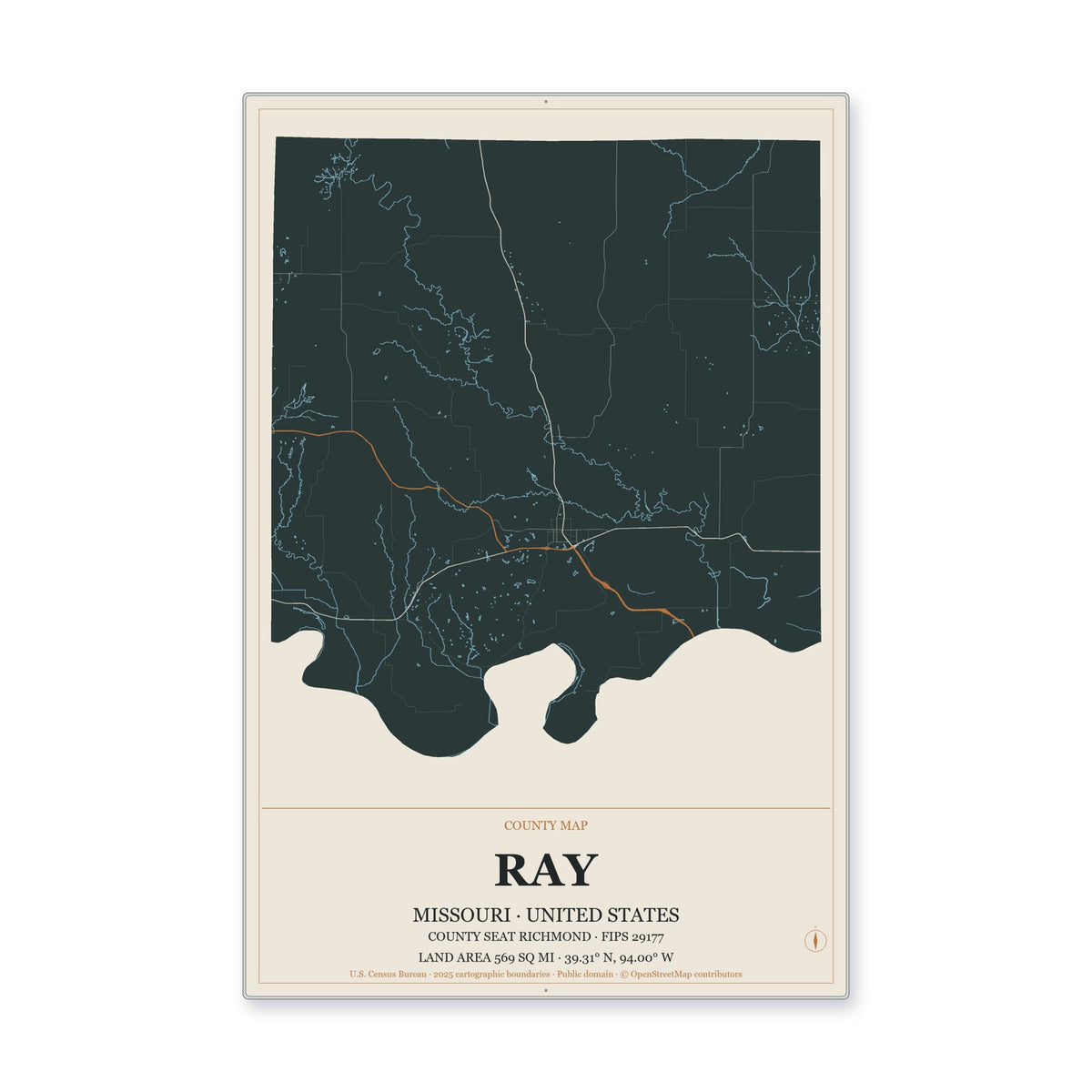 Ray County, Missouri Map Aluminum Sign in Headline Atlas style