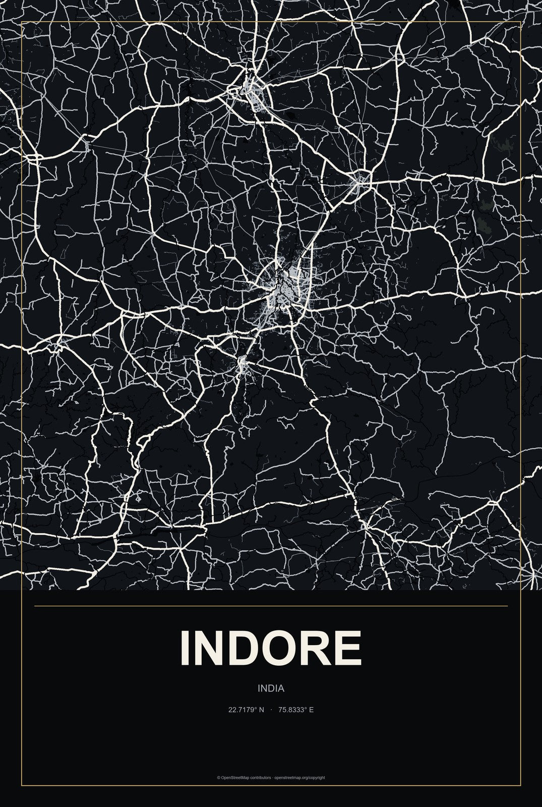 Indore, India City Map Aluminum Sign in Metropolitan Noir style