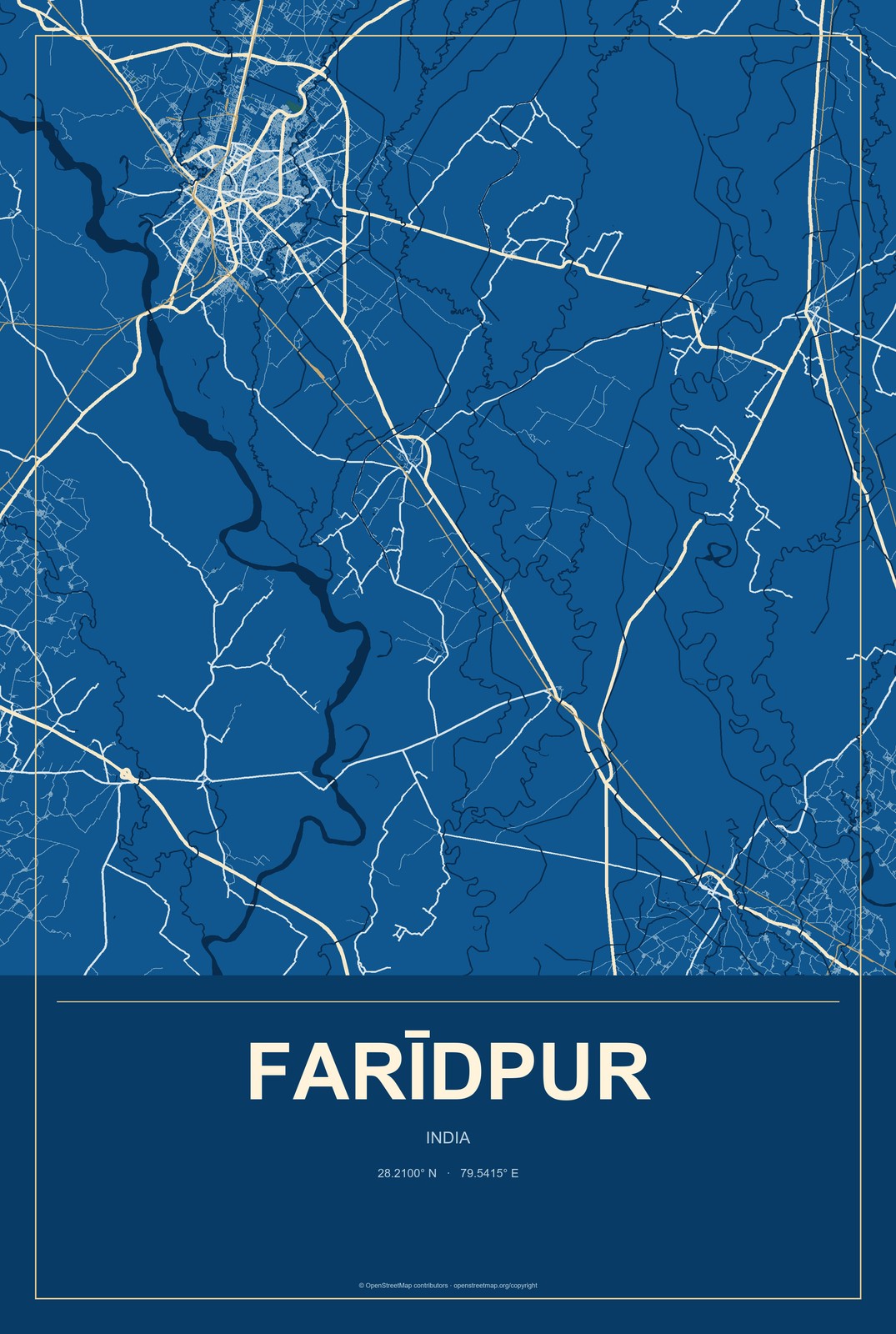 Farīdpur, India City Map Aluminum Sign in Harbor Cobalt style