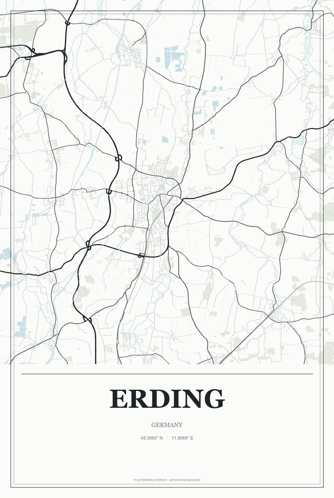 Erding, Germany City Map Aluminum Sign in Gallery Air style