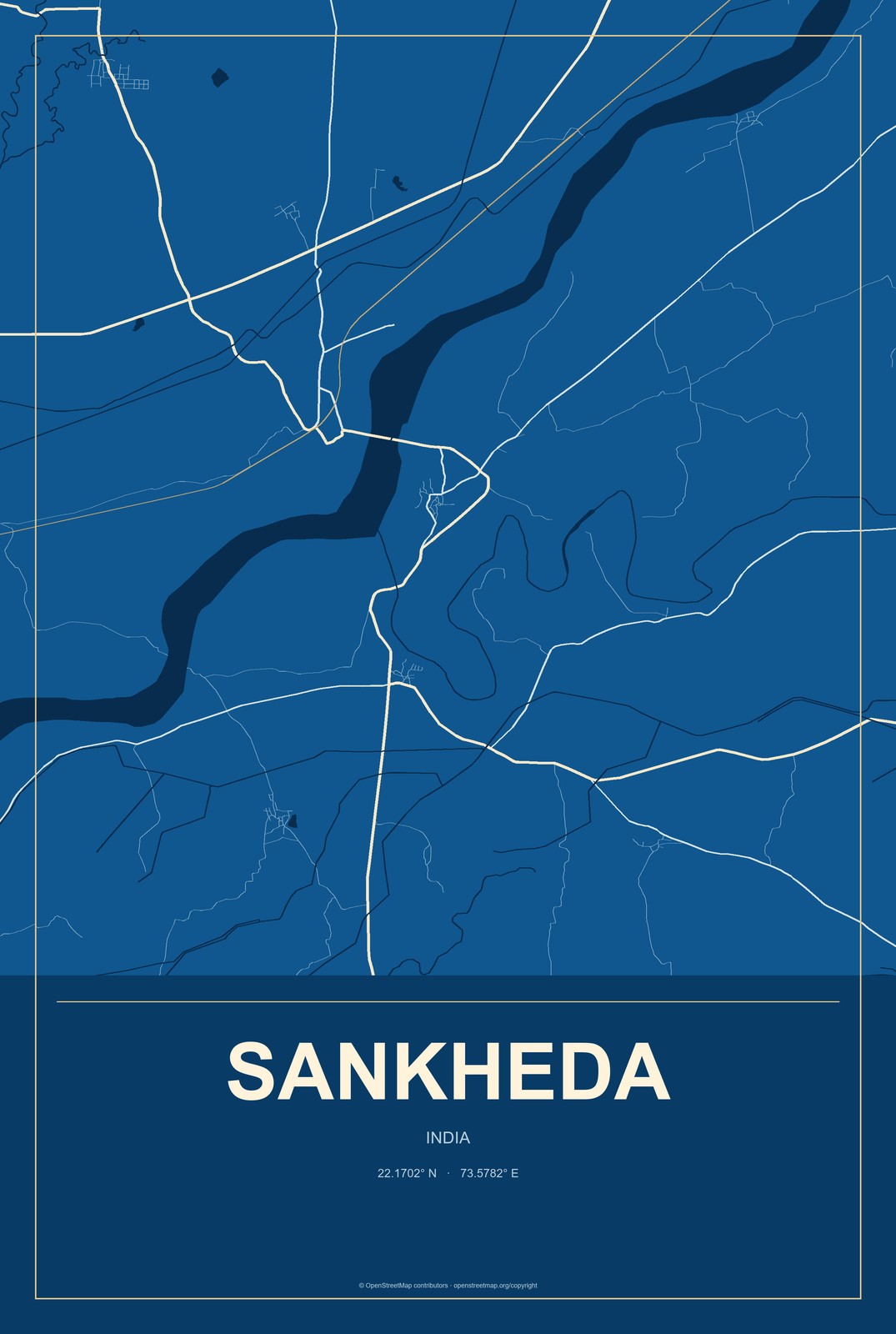 Sankheda, India City Map Aluminum Sign in Harbor Cobalt style
