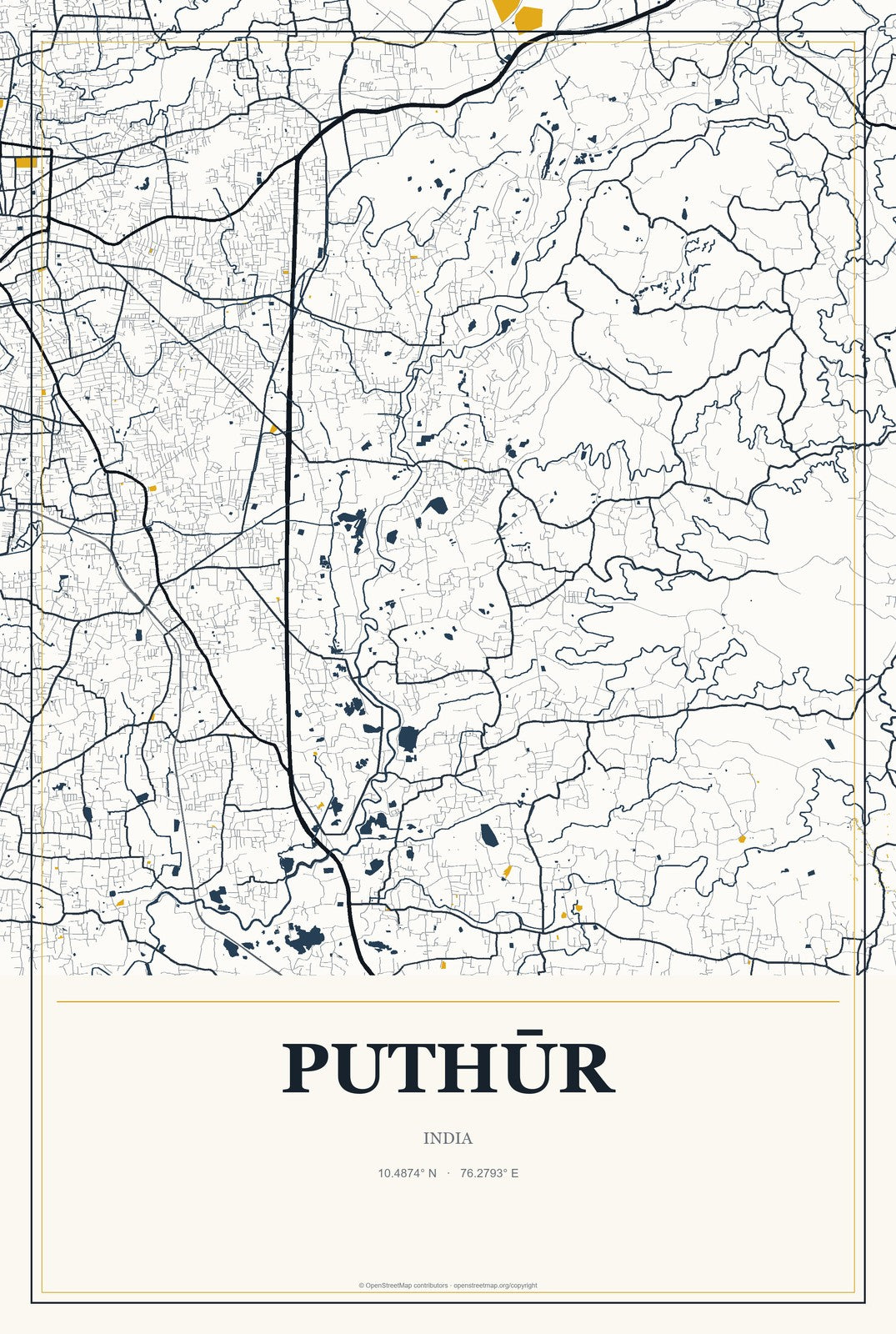 Puthūr, India City Map Aluminum Sign in Citrine Modern style