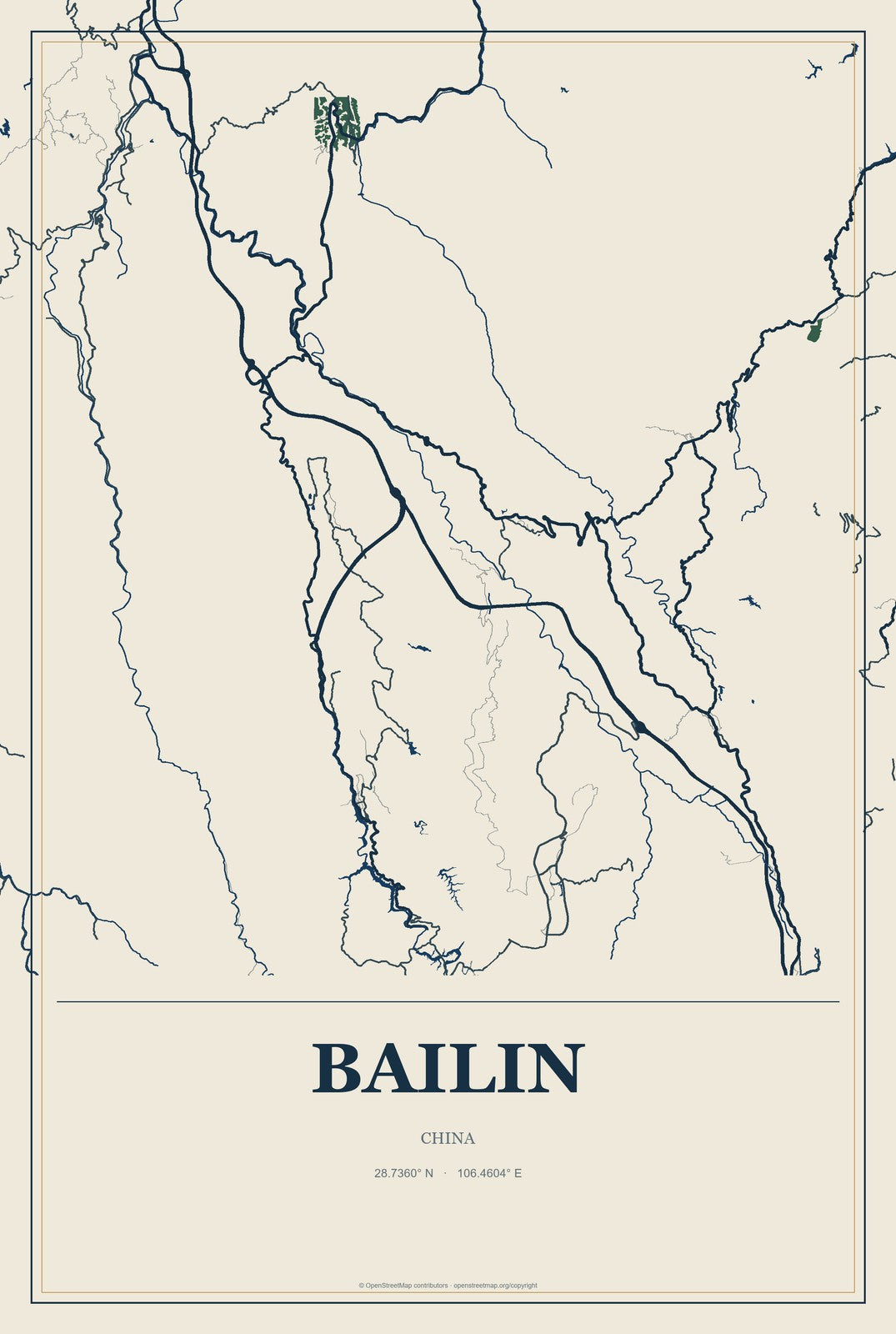 Bailin, Chongqing, China City Map Aluminum Sign in Coastal Cutout style