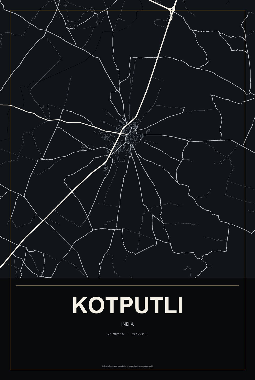 Kotputli, India City Map Aluminum Sign in Metropolitan Noir style