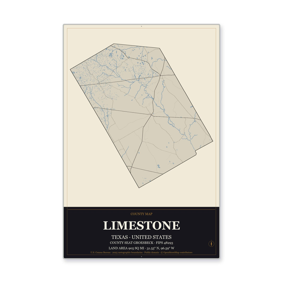 Limestone County, Texas Map Aluminum Sign in Museum Plaque style