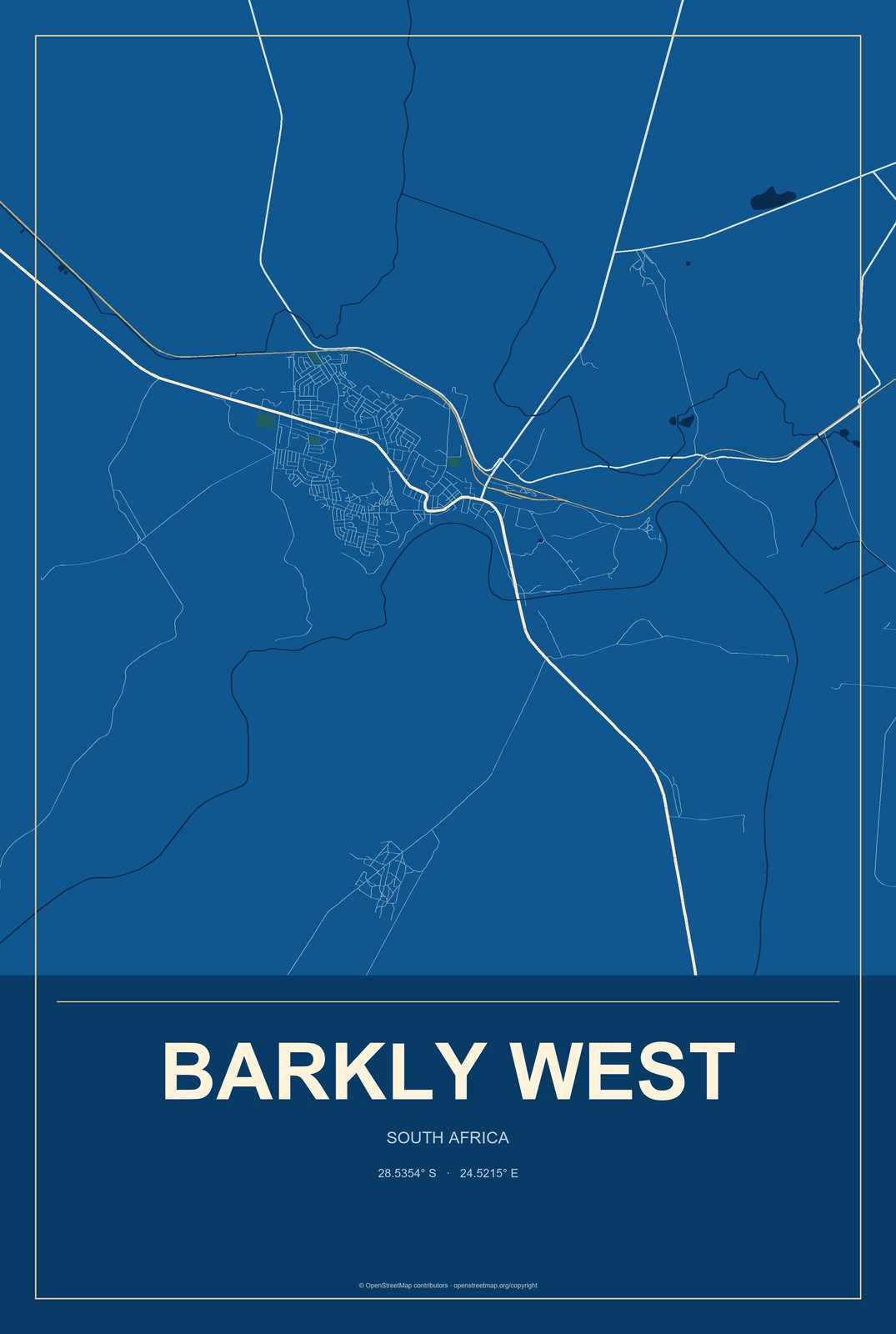Barkly West, South Africa City Map Aluminum Sign in Harbor Cobalt style