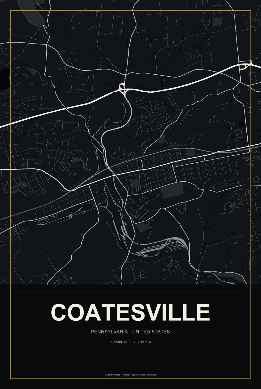 Coatesville, Pennsylvania City Map Aluminum Sign in Metropolitan Noir style