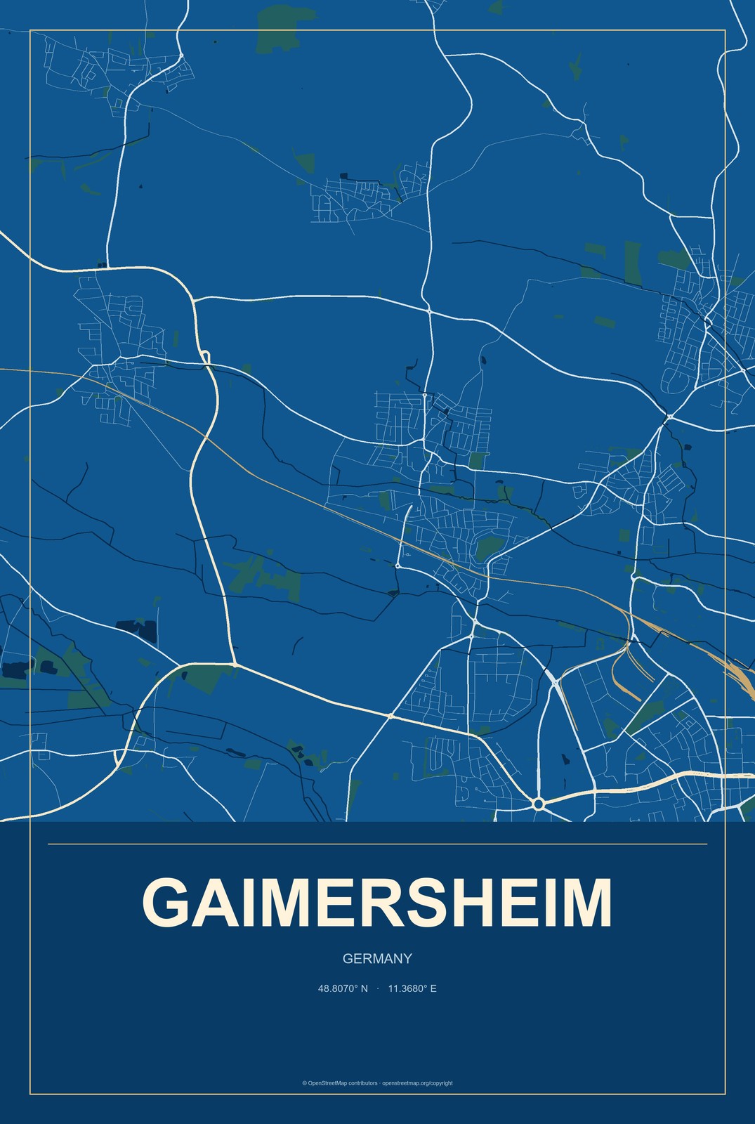 Gaimersheim, Germany City Map Aluminum Sign in Harbor Cobalt style
