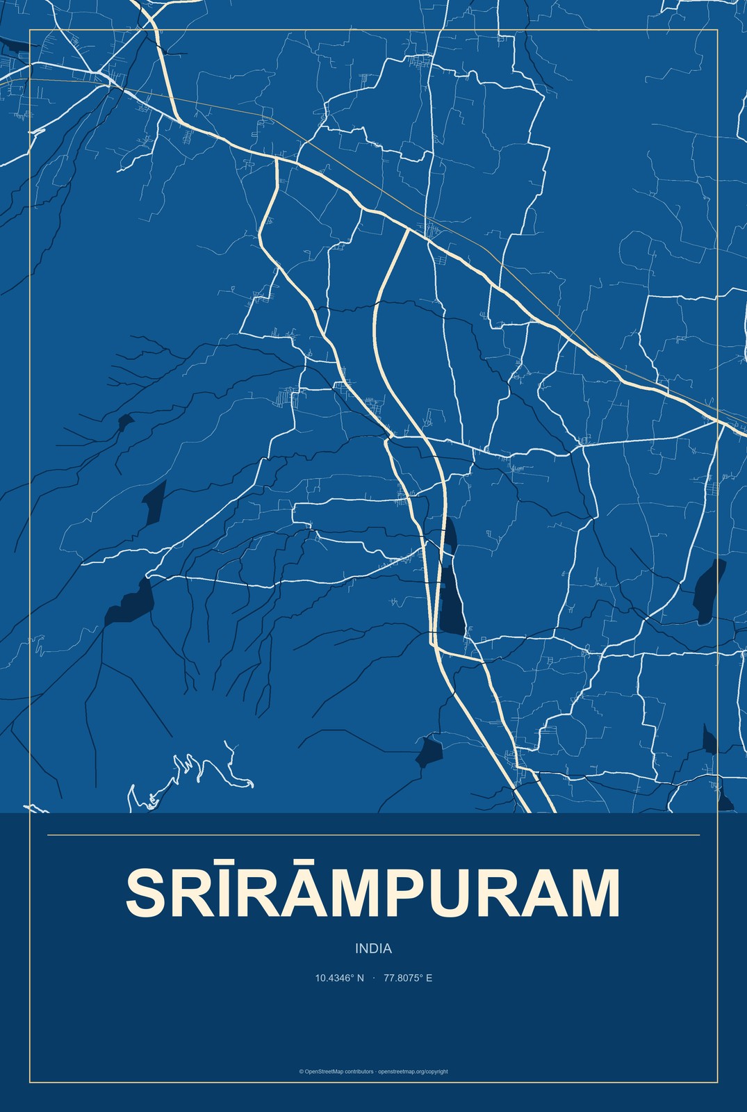 Srīrāmpuram, India City Map Aluminum Sign in Harbor Cobalt style