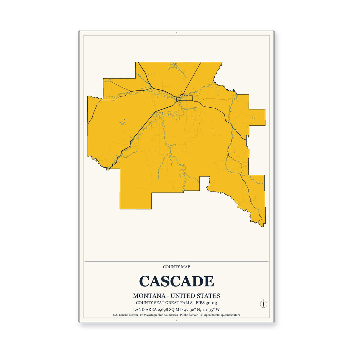 Cascade County, Montana Map Aluminum Sign in Citrine Modern style