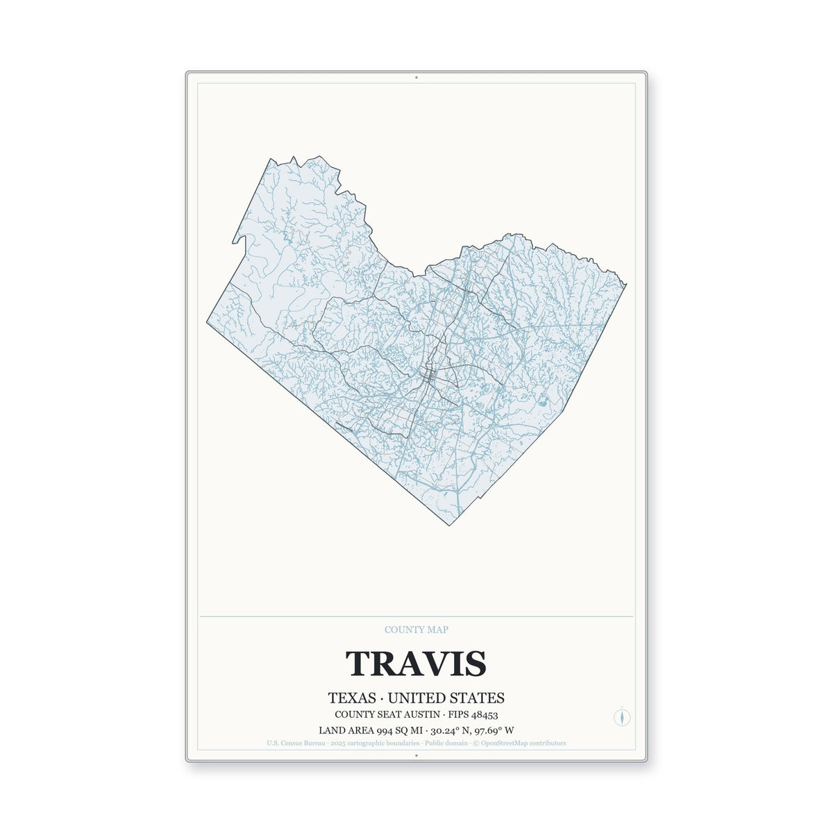 Travis County, Texas Map Aluminum Sign in Gallery Air style