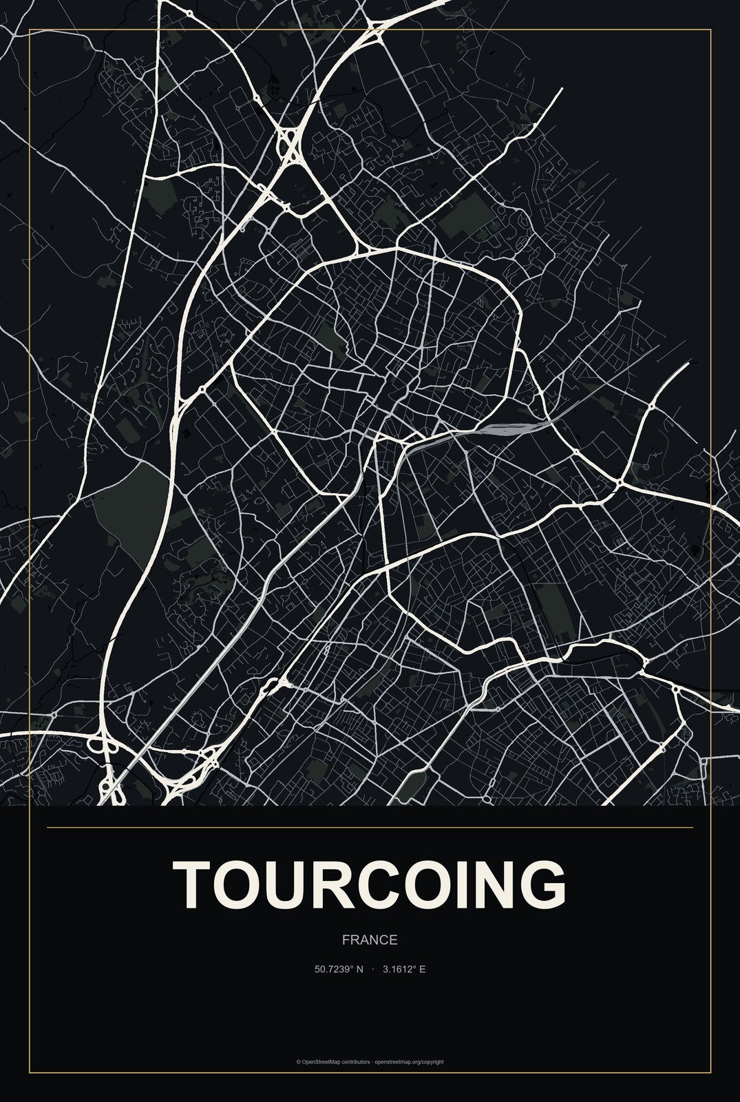 Tourcoing, France City Map Aluminum Sign in Metropolitan Noir style