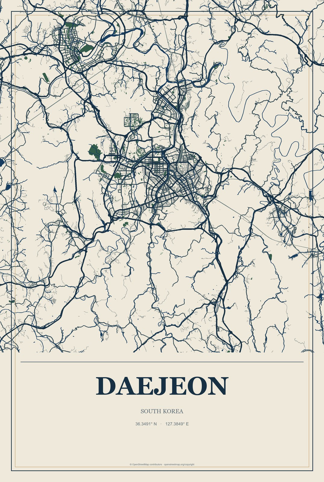 Daejeon, South Korea City Map Aluminum Sign in Coastal Cutout style