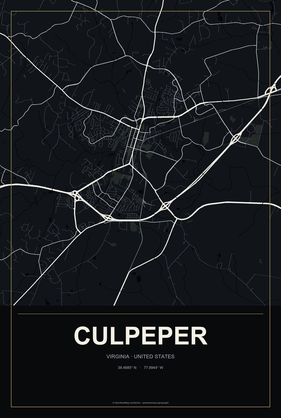 Culpeper, Virginia City Map Aluminum Sign in Metropolitan Noir style