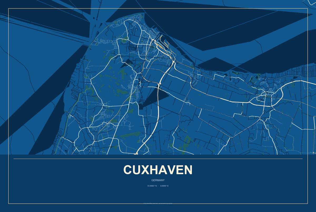 Cuxhaven, Germany City Map Aluminum Sign in Harbor Cobalt style