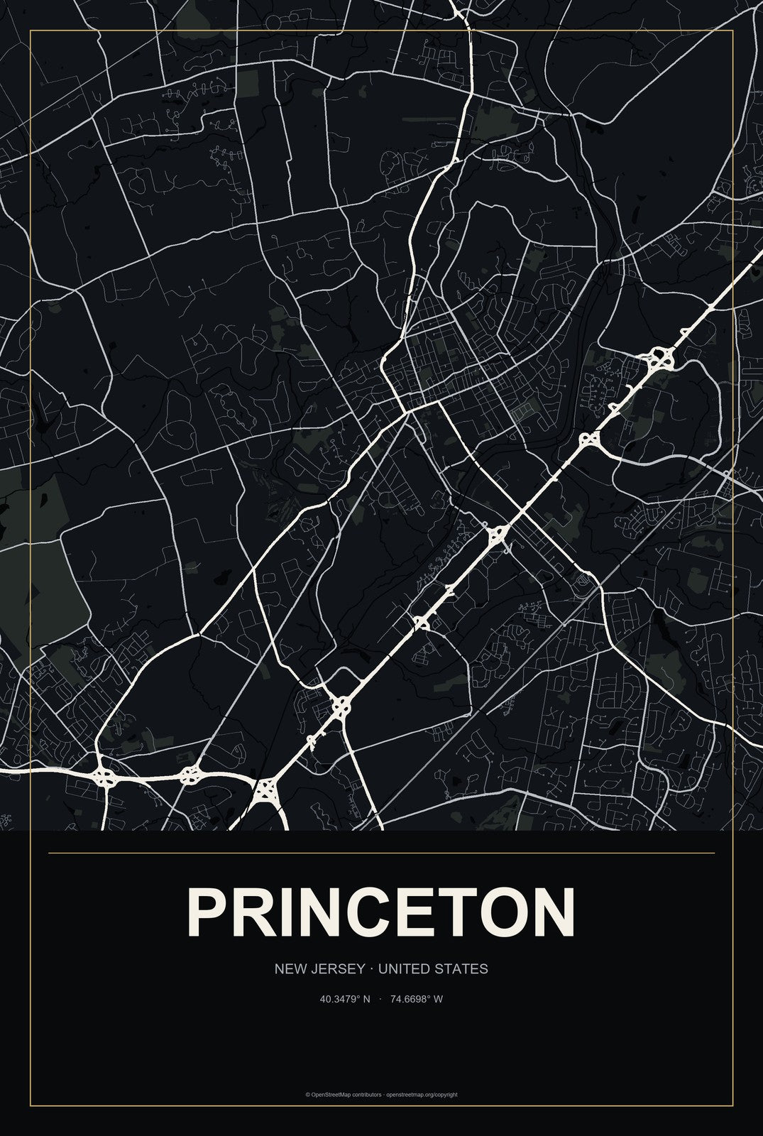 Princeton, New Jersey City Map Aluminum Sign in Metropolitan Noir style
