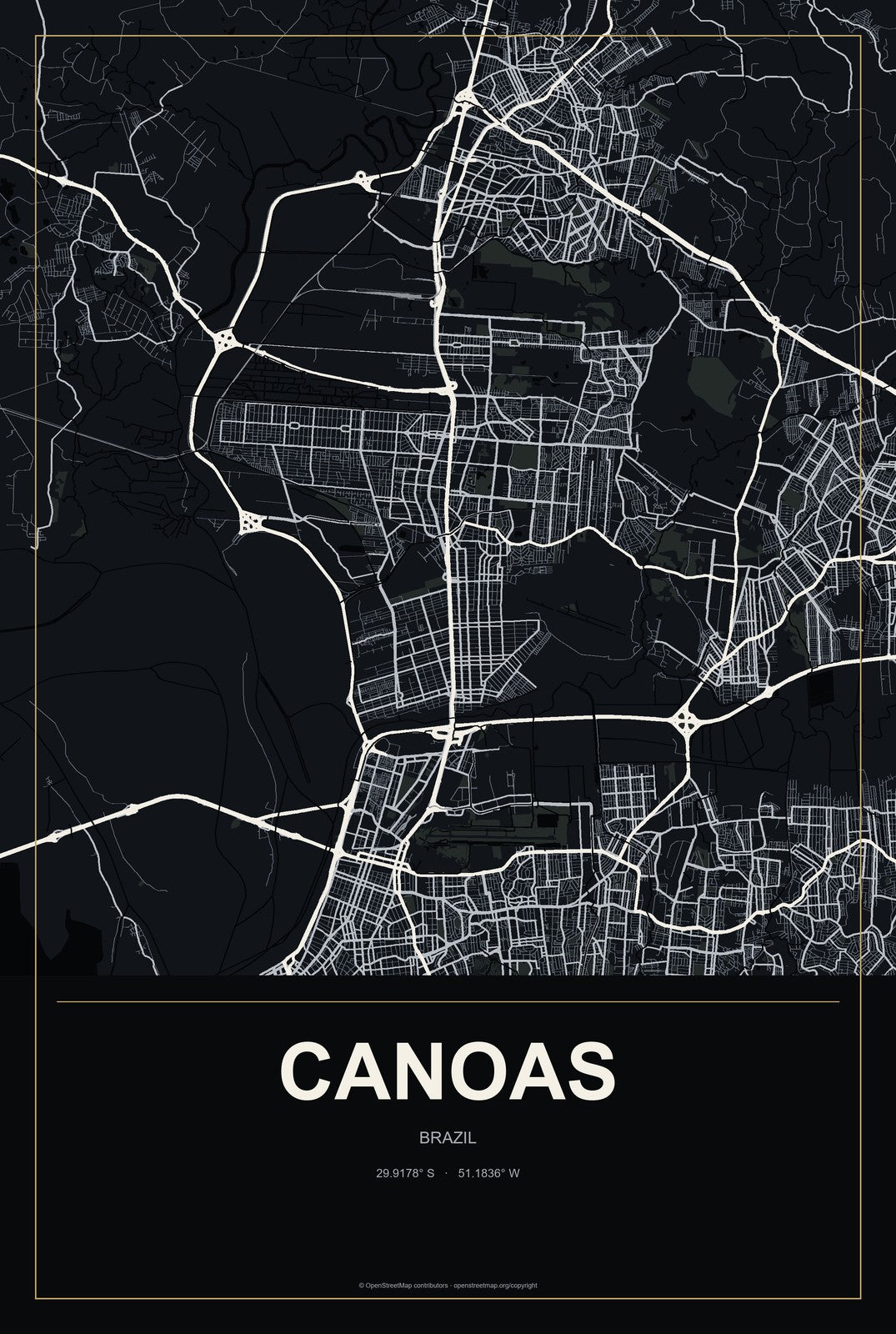Canoas, Brazil City Map Aluminum Sign in Metropolitan Noir style