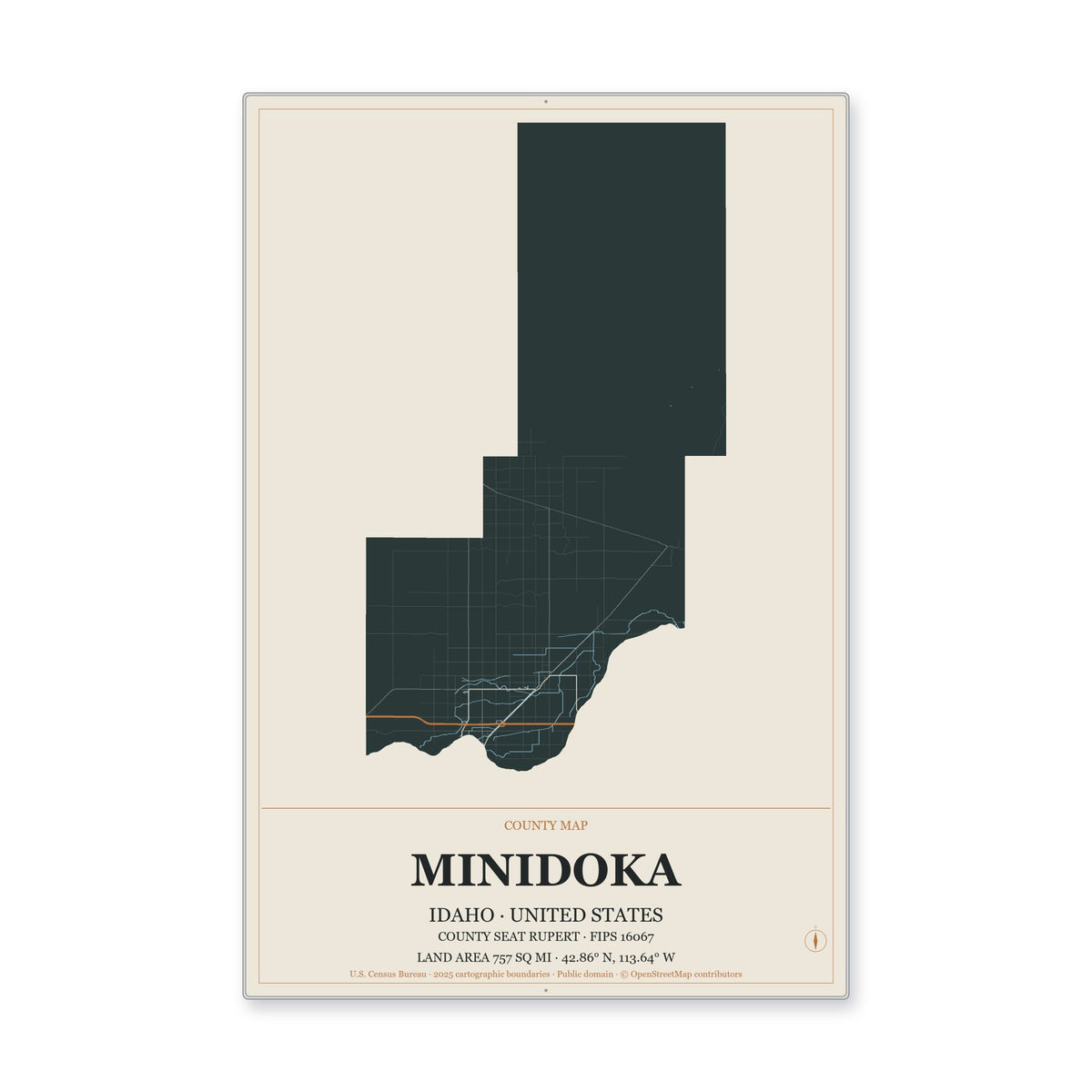 Minidoka County, Idaho Map Aluminum Sign in Headline Atlas style