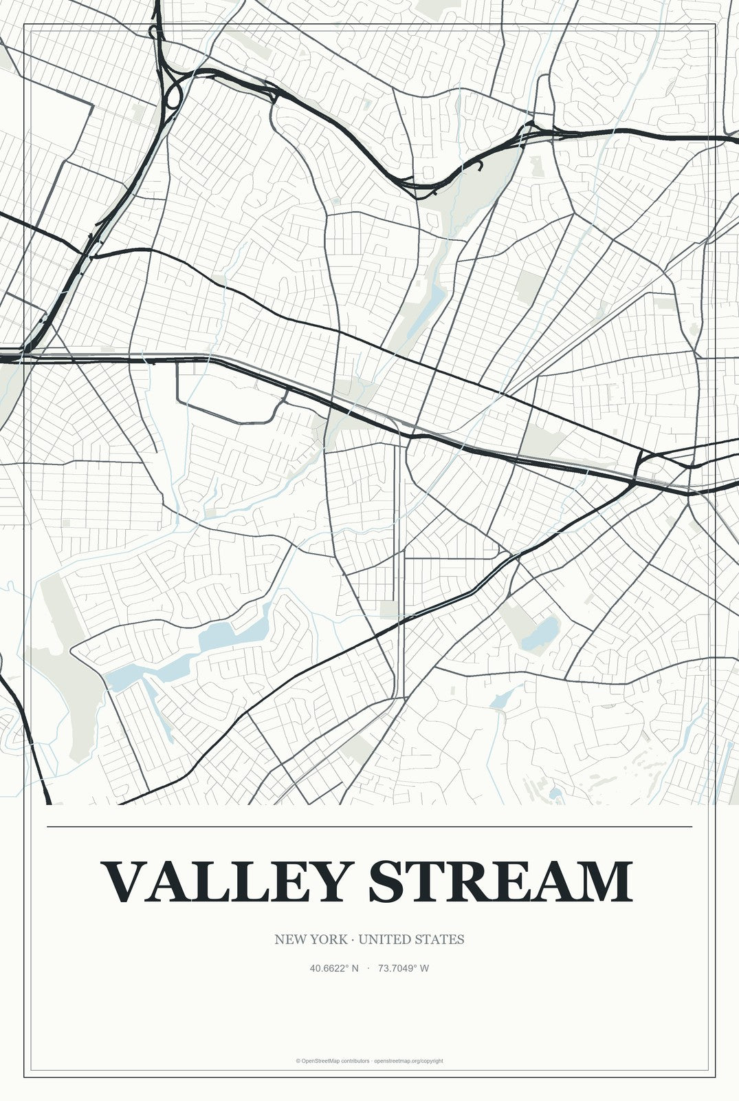 Valley Stream, New York City Map Aluminum Sign in Gallery Air style