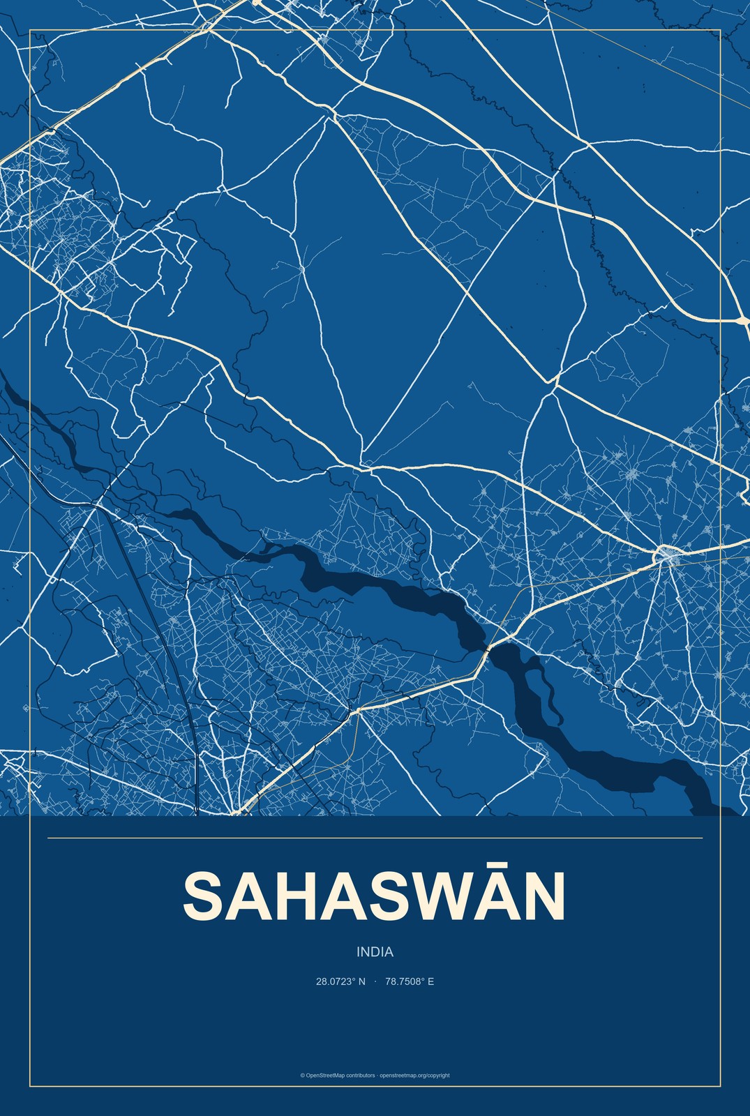 Sahaswān, India City Map Aluminum Sign in Harbor Cobalt style