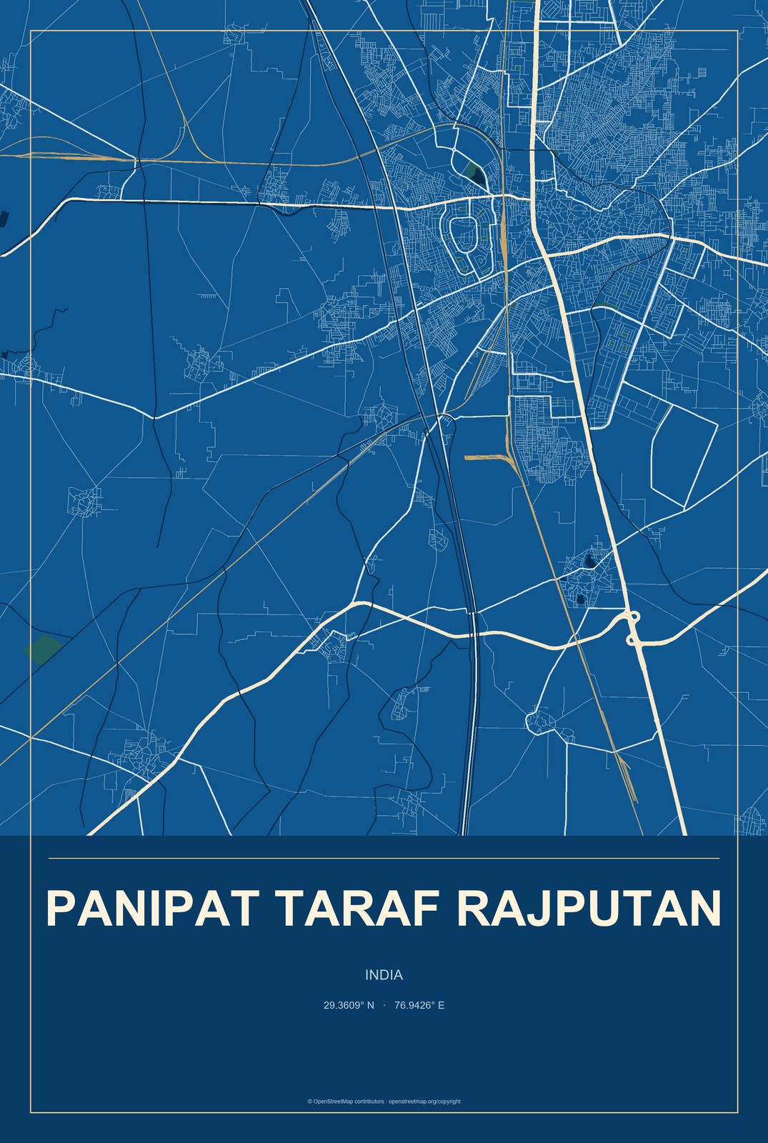 Panipat Taraf Rajputan, India City Map Aluminum Sign in Harbor Cobalt style
