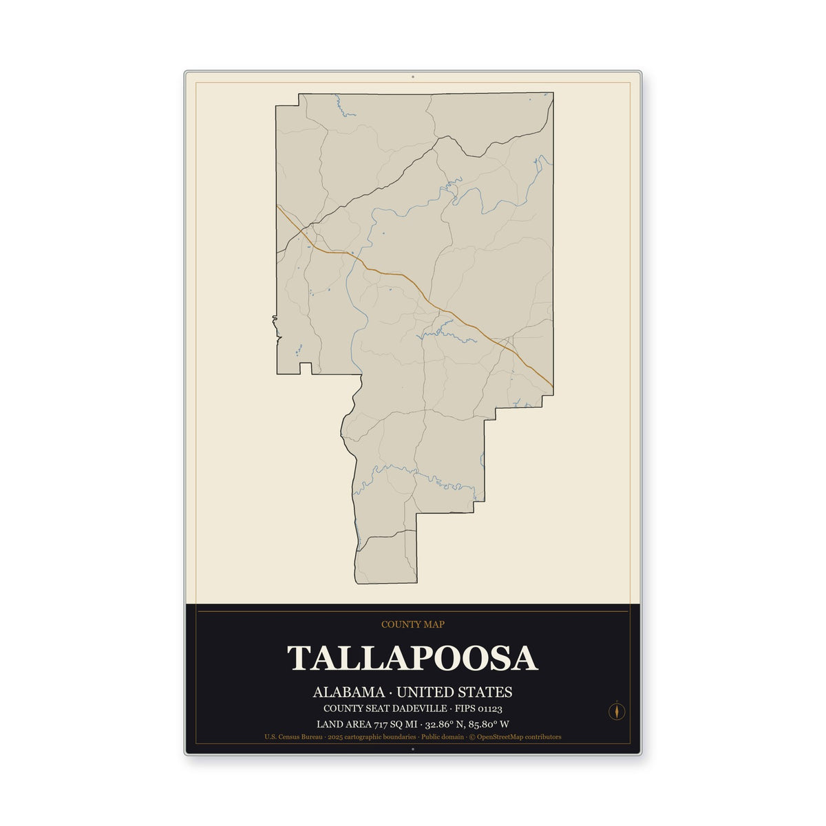 Tallapoosa County, Alabama Map Aluminum Sign in Museum Plaque style