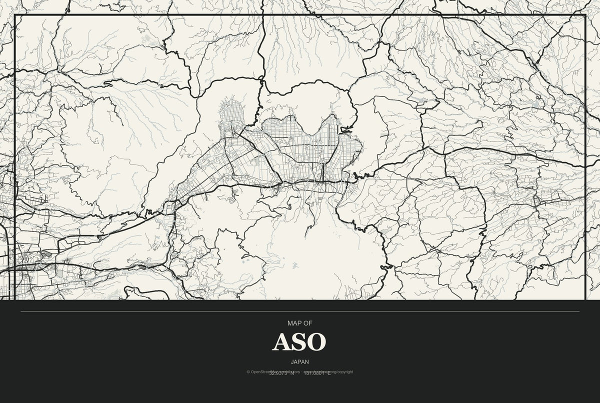 Aso, Japan City Map Aluminum Sign in Museum Plaque style