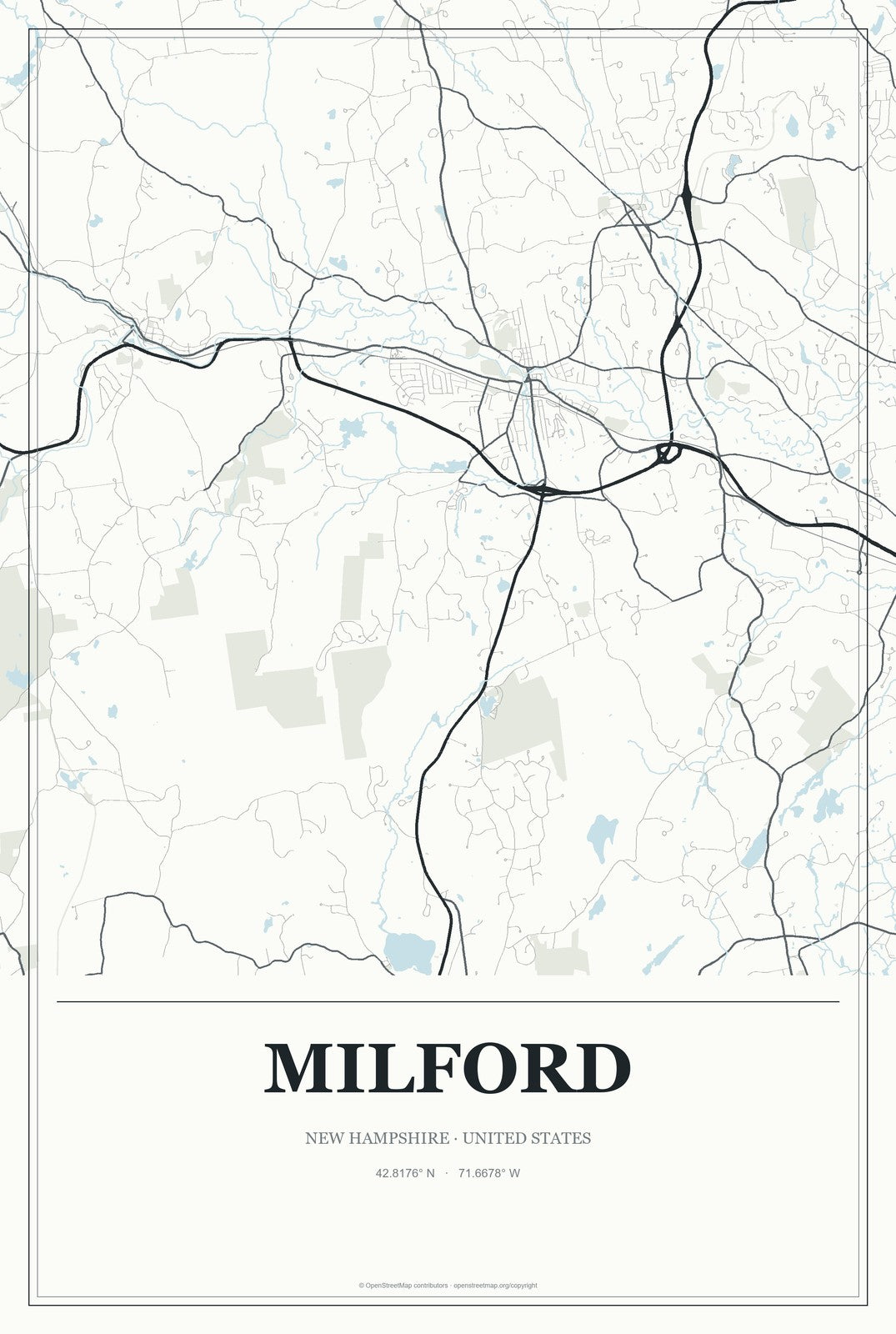 Milford, New Hampshire City Map Aluminum Sign in Gallery Air style