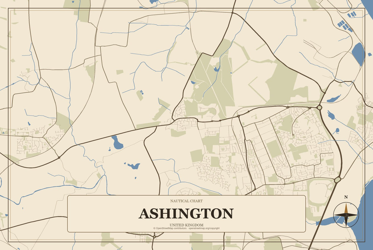 Ashington, United Kingdom City Map Aluminum Sign in Heritage Nautical style