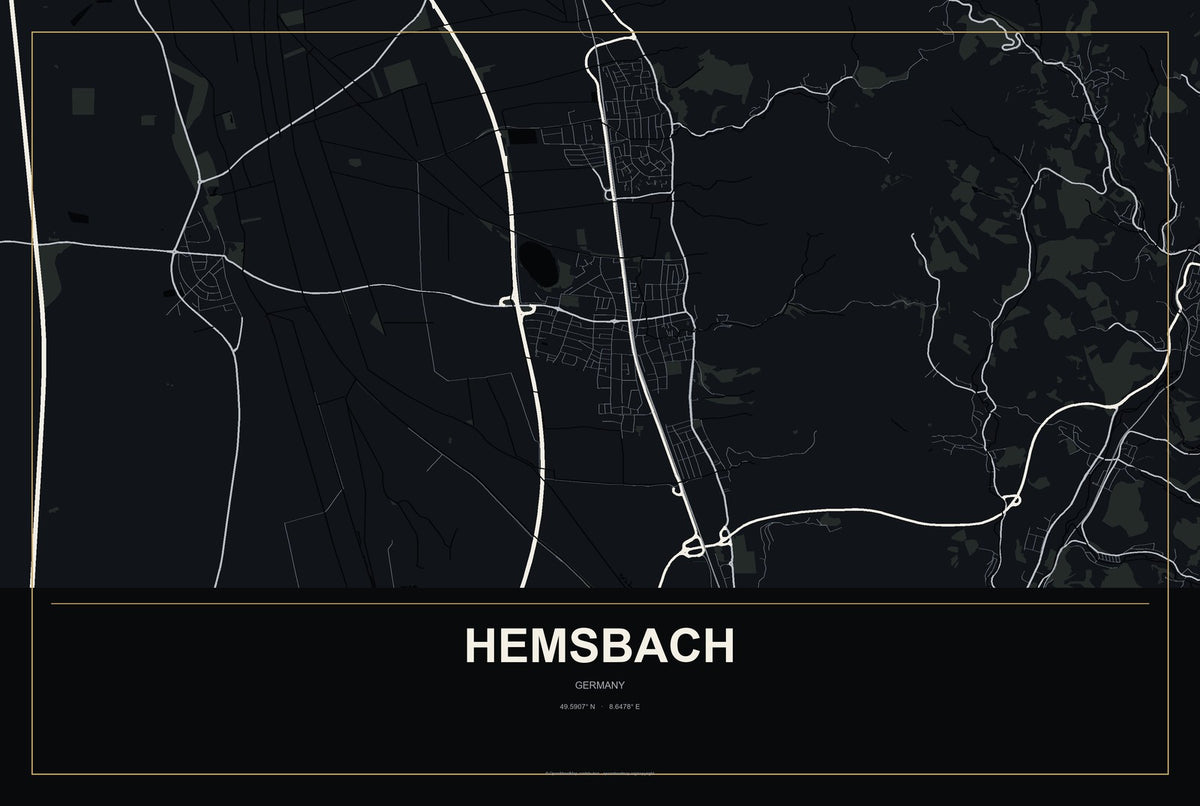 Hemsbach, Germany City Map Aluminum Sign in Metropolitan Noir style