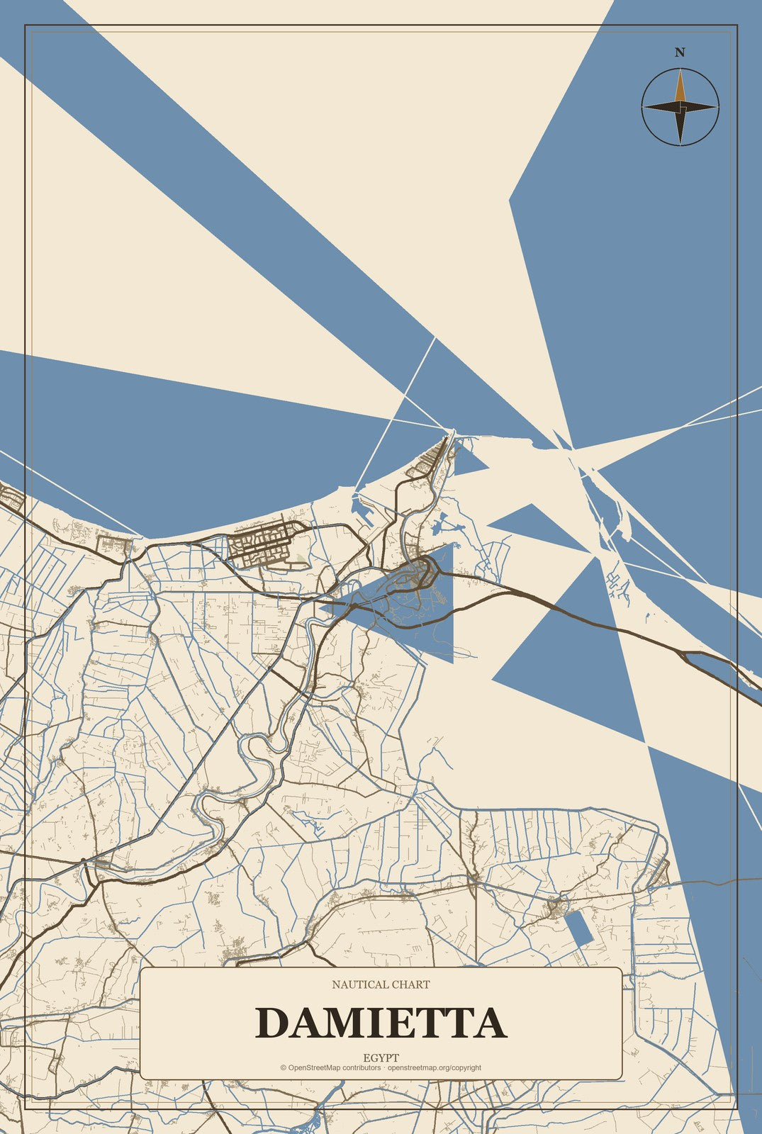 Damietta, Egypt City Map Aluminum Sign in Heritage Nautical style