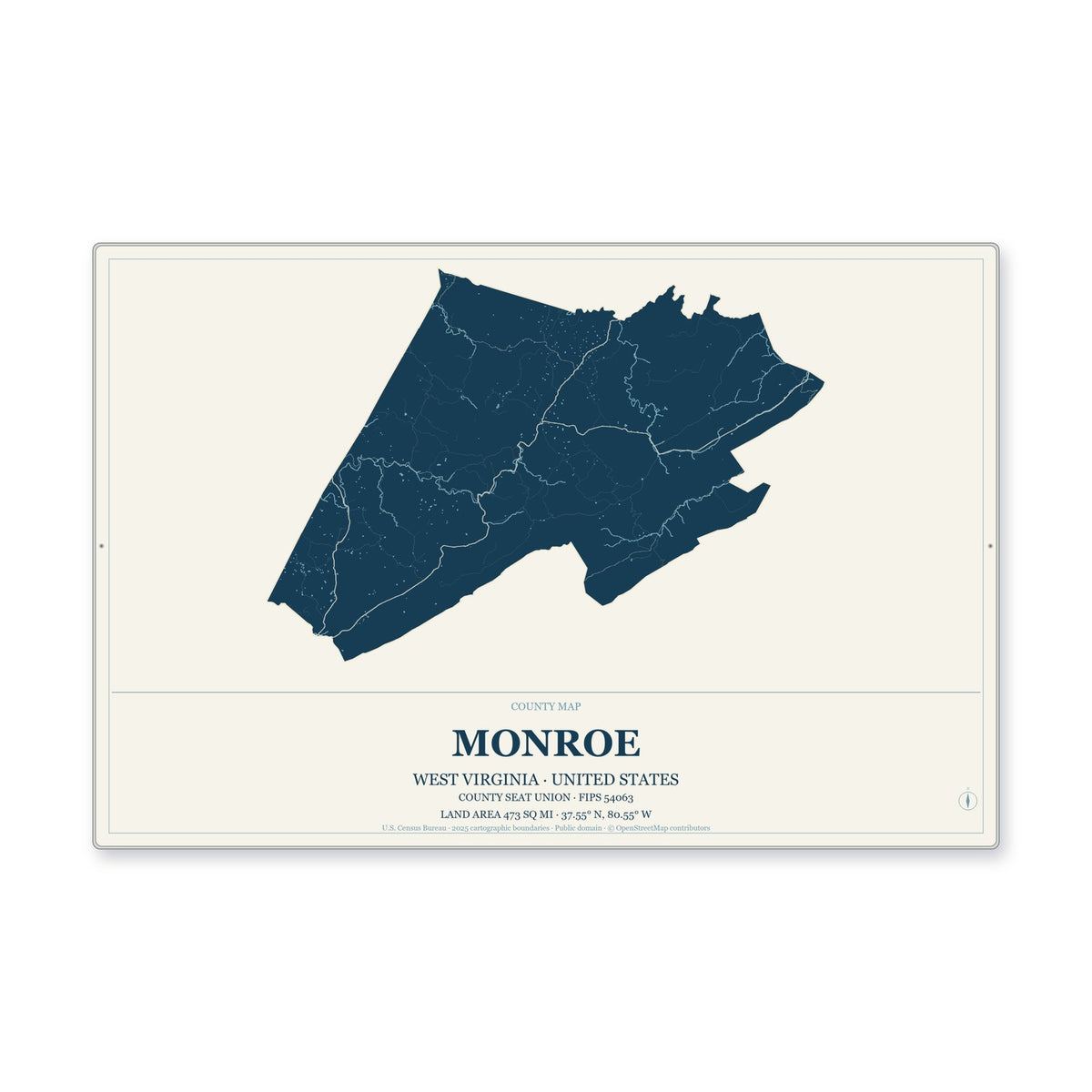Monroe County, West Virginia Map Aluminum Sign in Coastal Cutout style