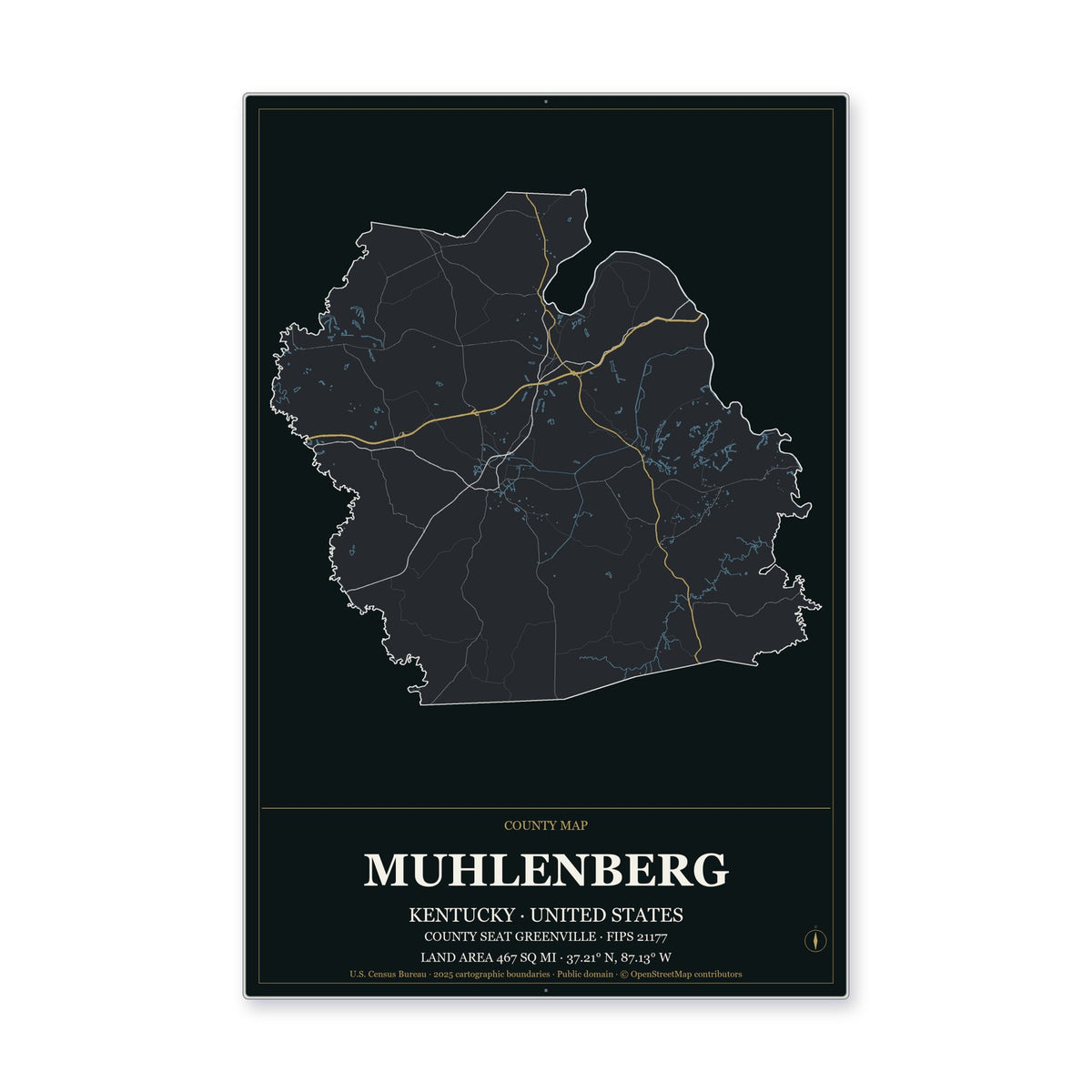 Muhlenberg County, Kentucky Map Aluminum Sign in Metropolitan Noir style