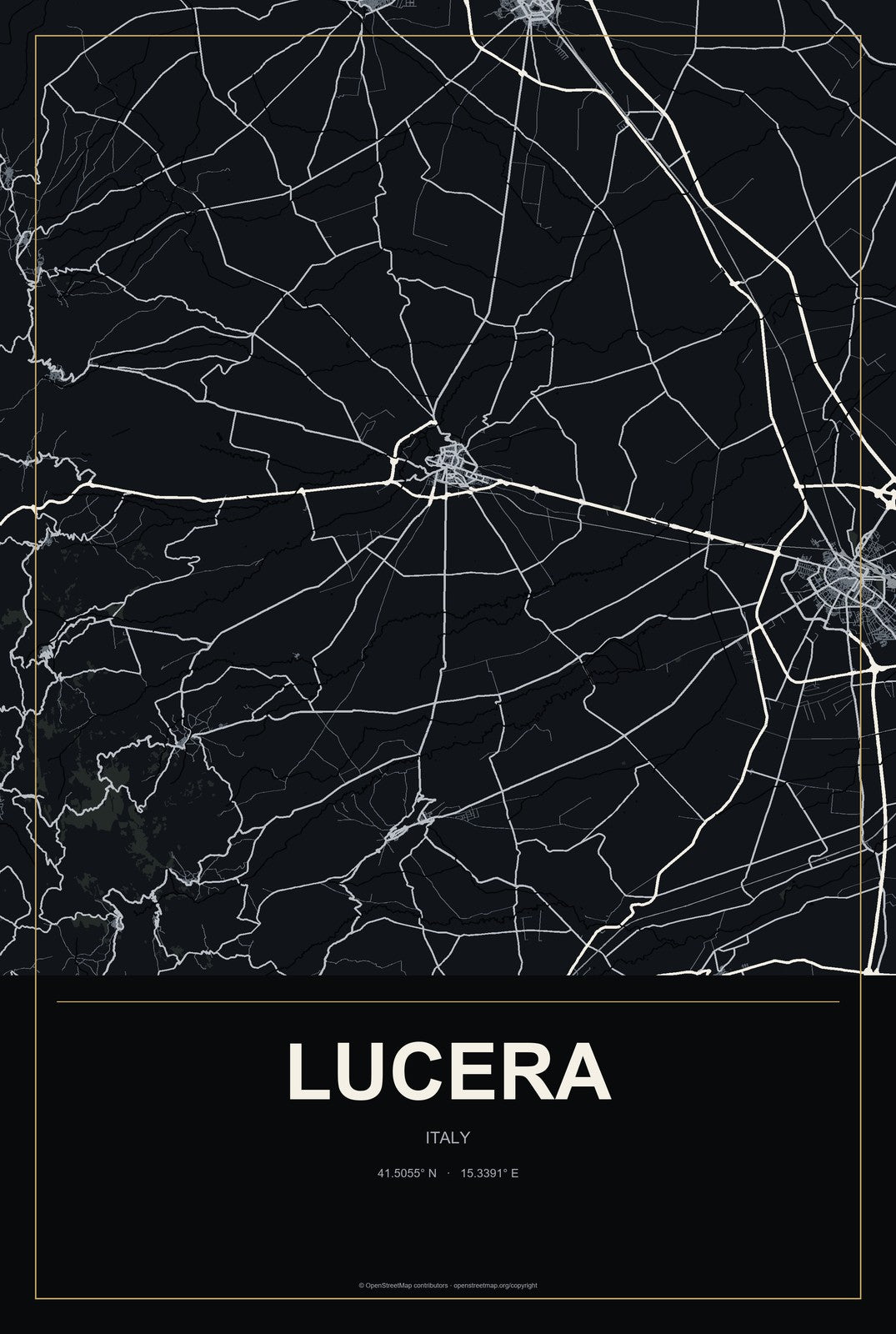 Lucera, Italy City Map Aluminum Sign in Metropolitan Noir style